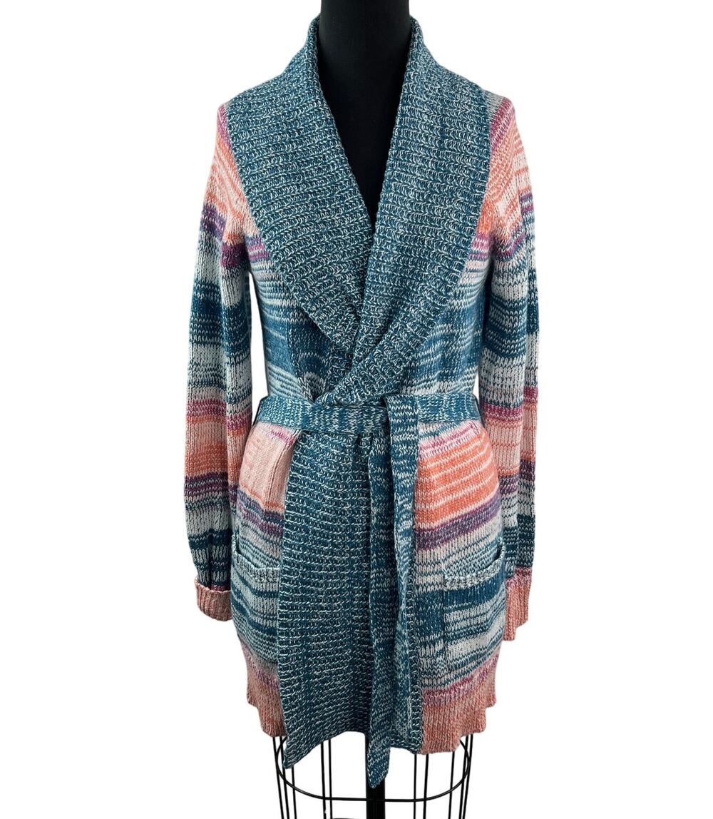 SUNDANCE Hayden Cardigan Sweater Striped Knit Tie-Waist Shawl Neck Size M Medium